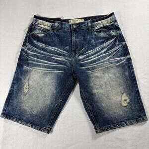 Akademiks Jeanus Mens 36 Distressed Denim Shorts Y2K Baggy Hip Hop 90s Fade Raw